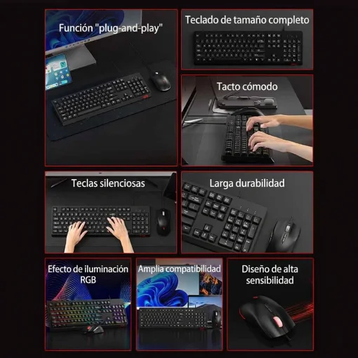 Cod. 299 Kit 2en1 ACER NITRO OCC311 / Teclado Espa&ntilde;ol + Mouse &oacute;ptico 3600DPI, 7 botones / iluminaci&oacute;n RGB Arco&iacute;ris / Silencioso / USB, Cable 1.5 m