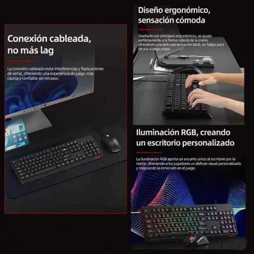 Cod. 299 Kit 2en1 ACER NITRO OCC311 / Teclado Espa&ntilde;ol + Mouse &oacute;ptico 3600DPI, 7 botones / iluminaci&oacute;n RGB Arco&iacute;ris / Silencioso / USB, Cable 1.5 m