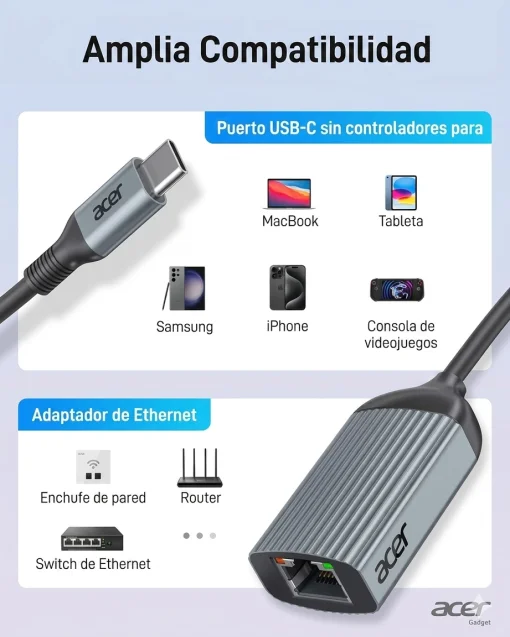 Cod. 176 Adaptador de Red ACER ODK440 / USB-C a Ethernet Gigabit / compatible con Thunderbolt 3/4 a RJ45 / Plug and Play / Carcasa de aluminio