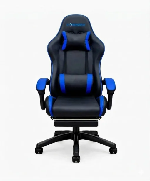 Cod. 1204 Silla Gamer Potenzza Black/Blue / Almohada cabeza y zona lumbar / reclinable 120&ordm; / Rotaci&oacute;n 360&deg; / Reposapi&eacute;s retr&aacute;ctil