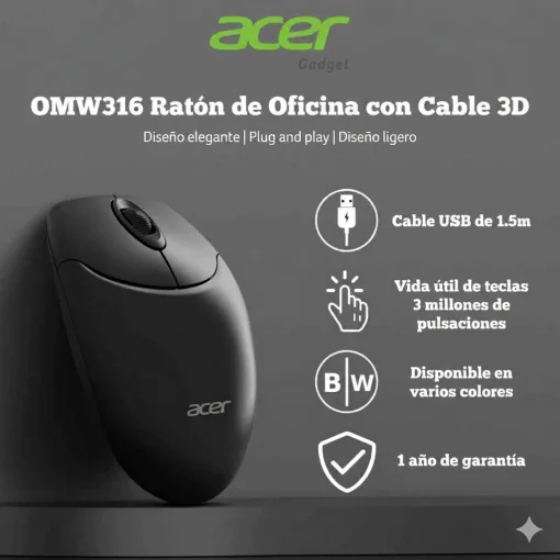 Cod. 294  Mouse ACER OMW316 Office / 3 botones / &Oacute;ptico 1200DPI / ergon&oacute;mico / Plug &amp; Play / Cable 1.5 m, USB