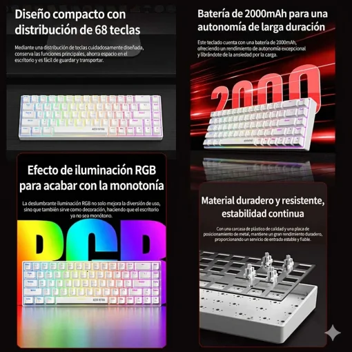 Cod. 301 Teclado Mec&aacute;nico ACER NITRO OKR252 SP WT / Tri-modo: (Wireless 2.4G + BT &amp; cableado) / Switch Rojo / Iluminaci&oacute;n RGB (modos Din&aacute;micos) / Bat. 2000 mAh / 68 teclas, Espa&ntilde;ol