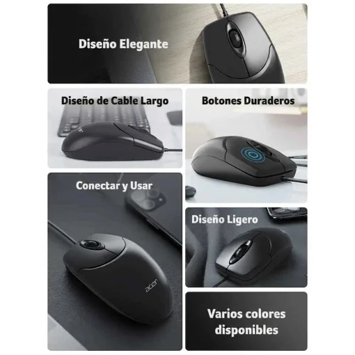 Cod. 294  Mouse ACER OMW316 Office / 3 botones / &Oacute;ptico 1200DPI / ergon&oacute;mico / Plug &amp; Play / Cable 1.5 m, USB