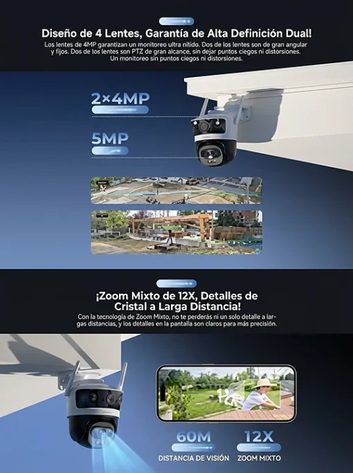 Cod. 424  C&aacute;mara Smart IMOU Cruiser Pano Z / 4*Lentes (4MP+4MP + 5MP*2) P/Exterior 360&deg; / 12x Zoom h&iacute;brido / Full Color 24/7 / IMOU SENSE&trade; AI / Detecci&oacute;n IA (pers. veh.) / Audio bidireccional / Soporta 2*microSD (1TB total) / IP66 / Wi-Fi 6 &amp; PoE