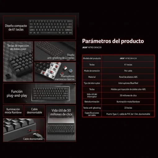 Cod. 300  Teclado Mec&aacute;nico ACER OKW239 / Switch rojo / Formato 60% Compacto / iluminaci&oacute;n RGB Arco&iacute;ris / Anti-ghosting / Cable Removible USB / 61 teclas Espa&ntilde;ol