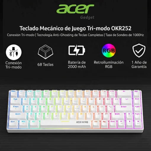 Cod. 301 Teclado Mec&aacute;nico ACER NITRO OKR252 SP WT / Tri-modo: (Wireless 2.4G + BT &amp; cableado) / Switch Rojo / Iluminaci&oacute;n RGB (modos Din&aacute;micos) / Bat. 2000 mAh / 68 teclas, Espa&ntilde;ol