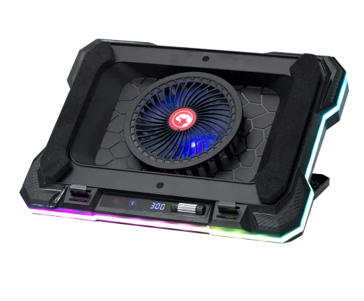 Cod. 470 Base de Enfriamiento P/Laptop MARVO Atlas 43 RGB (10 modos) / hasta 19&quot; / velocidades ajustables (300-2200 RPM) 89CFM, pantalla LED / 7 niveles ángulos / 2*P/USB /  Soporte P/Celular