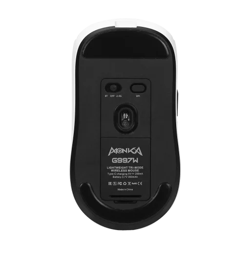 Cod. K:265 Mouse MONKA PRIME G997W Tri-modo Wireless (2.4G &amp; BT 5.1) + cable / 26.000 DPI / tasa sondeo 4K / Chip PixArt PAW3395 / 6 botones programables / Peso (53g) / 100% PTFE (pie) / Bat. 300mAh(hasta 60H) / Dedicado: P/Gamer PRO/Usuario PRO