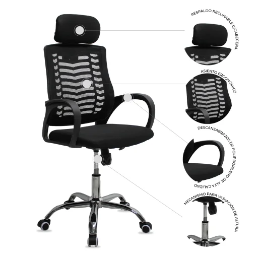 Cod. 1189  Silla de Oficina Ergon&oacute;mica / Apoya cabeza Airmesh / Espaldar de malla / Altura regulable / Rotaci&oacute;n 360&deg;