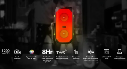 Cod. 241 Parlante Klip Xtreme BoomFire KLS-100 / 1200 Watts (RMS 80W) / 2x bajos 4&quot; / TWS, Bluetooth® V5.0 / Bat. litio 4000mAh / Luces LED flameantes multicolor