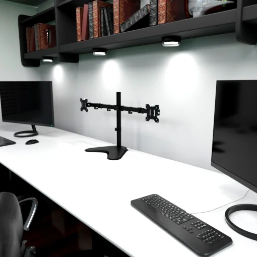 Cod. 175 Soporte con base para 2 Monitores KLIPXTREME KPM-311 de 13 a 32" / rotaci&oacute;n de 360&deg; / Inclinaci&oacute;n movimiento completo 90&deg; / Compatible VESA: 75x75 y 100x100 / black