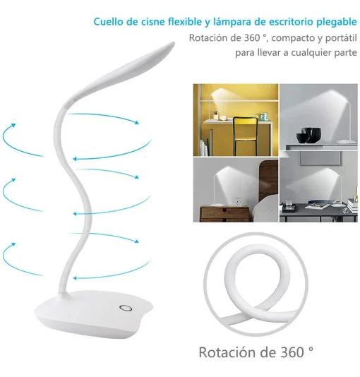 Cod. 1026 Lámpara Touch LED P/Escritorio / Recargable / Cuello Flexible / 3 niveles de Iluminación / Blanco