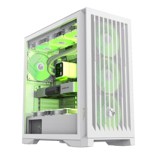 Cod. 393 Leader 2 WH / E-ATX, ATX, M-ATX, ITX / 2*USB3.1, 1*USB-C, 1*Audio Combinado / LAT. VIDRIO TEMPL. FRONTAL MALLA METAL CONTROLADOR ARGB PWM AURA Sync/ 1*FAN RGB post (ya incluido), 3* FAN RGB FRONT (ya incluidos), 2* FAN Inferior (opcionales).