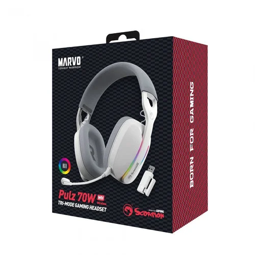 Cod. 095 Headphone Inal&aacute;mbricos MARVO Pulz 70W (HG9086W WH) / Trimodal: 2.4G(USB-A, USB-C) + Bluetooth&reg; 5.3 + Cableado / Luces RGB / Mic. omnidireccional extra&iacute;ble / Bat.: 800mAh / Compatible: PC, Android, Mac OS,IOS,PS4,PS5,XBOX ONE