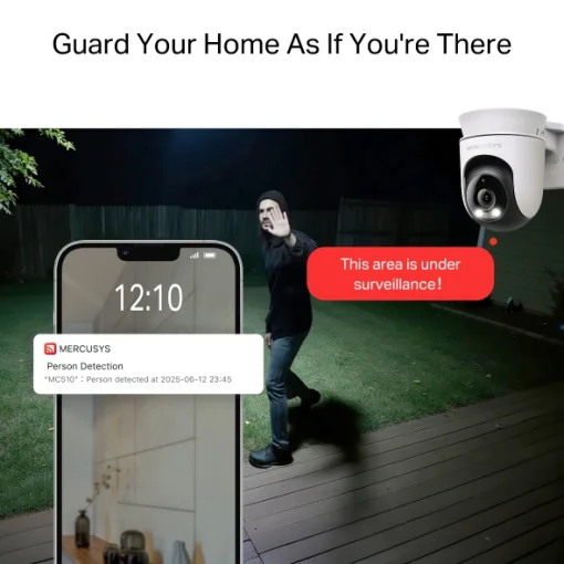 Cod. 402  Cámara Smart P/Exterior Mercusys MC510 360º 2K QHD / Detección y seg. de movimientos/Personas / vista nocturna Color 24/7 / Audio bidireccional / zona de privacidad / Soporta MicroSD (hasta 512GB) / compatible: Asist. Google y Amazon Alexa.