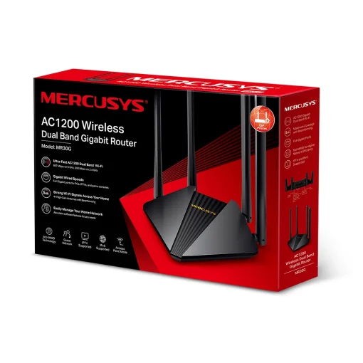 Cod. 142 Router Wireless MERCUSYS MR30G / Banda Dual AC1200 / 1.2 Gbps / 2*P/LAN Gigabit, 1* P/WAN Gigabit / (5 dBi) 4*Antenas Beamforming / MU-MIMO 2x2 / Conex. hasta 64 dispositivos    Marca	MERCUSYS Modelo	MR30G Descripción General	 WiFi Gigabit AC1200