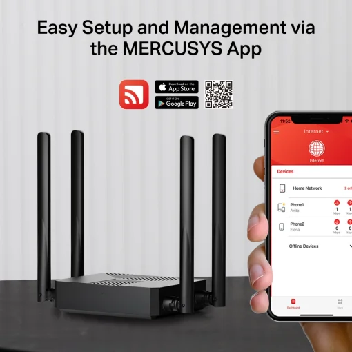 Cod. 138 Router MERCUSYS MR62X Wi-Fi 6 / AX1500 Dual Band 1.5 Gbps (1201Mbps 5GHz + 300Mbps 2.4GHz) / Puertos LAN/WAN GIGABIT / 4 Antenas Multidireccionales / OFDMA y MU-MIMO / WPA3 / control con App / Compatible con EasyMesh