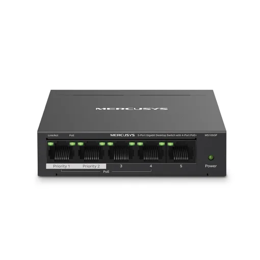 Cod. 120 Switch PoE+ Gigabit MERCUSYS MS105GP / 5 puertos 10/100/1000Mbps (4*POE+ 65W) hasta 250 m / Plug and Play / met&aacute;lico