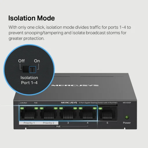Cod. 120 Switch PoE+ Gigabit MERCUSYS MS105GP / 5 puertos 10/100/1000Mbps (4*POE+ 65W) hasta 250 m / Plug and Play / met&aacute;lico