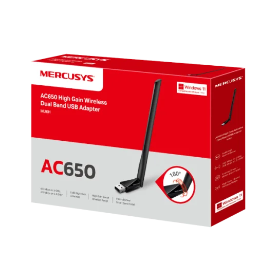 Cod. 369  Adatador Wi-Fi USB MERCUSYS MU6H / AC650 Dual Band&nbsp;(2,4GHz 200Mbps y 5GHz 433Mbps) / 1*antena de alta ganancia giro 180&deg; de 5dBi