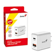 Cod. 164 Cargador de pared Genius PD-20AC 20W (Carga r&aacute;pida) / dual 2*puertos 3.0 CC 5 V/3 A (1*puerto USB-A + 1*puerto USB-C) / blanco
