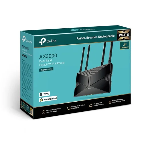 Cod. 119 Router Wi-Fi 6 AX3000 Gigabit de Doble Banda TP-LINK Archer AX53 / 5GHz 2402 Mbps y 2.4GHz 574 Mbps / 4* P/LAN GIGABIT y 1* P/WAN GIGABIT/ WPA3 / Tecnología OFDMA - Beamforming /seguridad HomeShield / Compatible con Alexa /OneMesh™