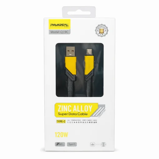 Cod. 272 Cable de Datos Pavareal Q19C USB-A a USB-C / 120W / 1 m / Trenzado Plano Negro/Amarillo
