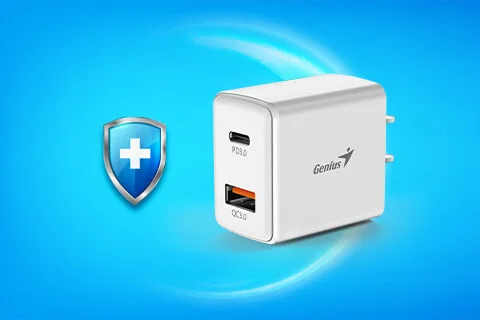 Cod. 164 Cargador de pared Genius PD-20AC 20W (Carga r&aacute;pida) / dual 2*puertos 3.0 CC 5 V/3 A (1*puerto USB-A + 1*puerto USB-C) / blanco