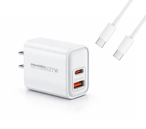 Cod. C:264 Cargador de pared Pavareal K58CTC de 27W (Carga r&aacute;pida) / 2*Puertos, DC 5V/3A (1*USB-A + 1*USB-C) / incl. Cable USB-C