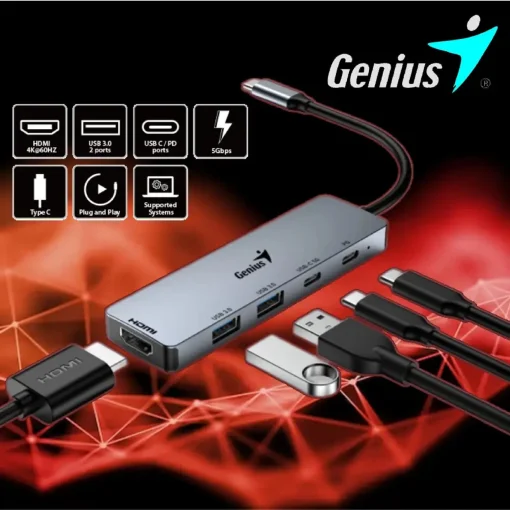 Cod. 375 Hub Multipuertos Genius UH-500 5 en 1 / Interfaz: USB-C a 1*HDMI 4K@60Hz, 1*USB-C PD (Carga r&aacute;pida 100W), 2*USB-A 3.0 &amp; 1*USB-C 5G, / Compatible: Windows&reg;, Mac OS, Android, Apple IOS / Plug &amp; play