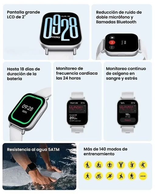 Cod. 1162 SmartWatch Xiaomi Redmi Watch 5 Active (Silver) / HyperOS / LLamadas BT&reg; V5.3 / LCD 2" / +140 modos deportivos / Monitoreo Salud: Pulso, SpO2 y sue&ntilde;o / Resistente al agua (5ATM) / Bat. 470mAh (18 d&iacute;as)