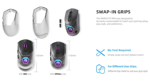 Cod. 220 Mouse MARVO Fit Pro G1W GY Gris / Trimodal (Inalámbrico 2.4G + Bluetooth + cableado) / 19000DPI / Sensor Pixart® PMW-3370 / Interruptores mecánicos Omron® / True RGB-16,8 millones de colores personalizado / 7 botones / batería 600mAh
