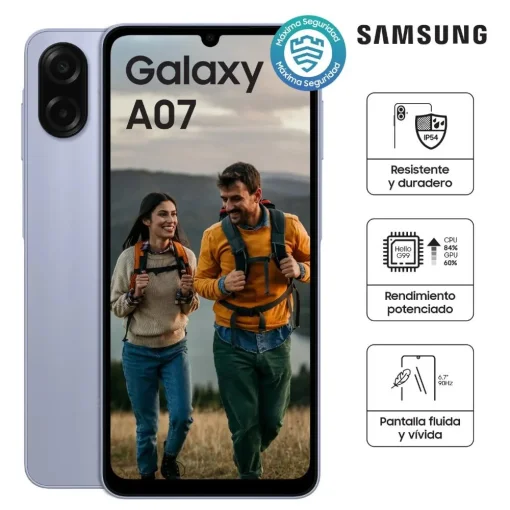Cod. 337 Samsung Galaxy A07 4G LTE Dual-SIM / Hello G99 / 4GB Ram/128GB Alm. / 6.7" HD+ / Cam 50.0MP / 8MP frontal / Android 15 / Carga r&aacute;pida 25W, Bater&iacute;a 5000mAh / IP54 / Violeta