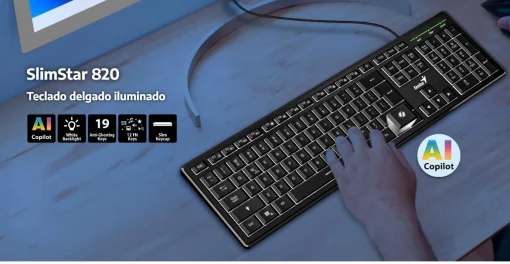 Cod. G:246 Teclado Genius SlimStar 820 / Retroiluminado blanco / AI Copilot / 19 teclas anti-efecto fantasma / 12 Teclas FN (8*audio, 4*Internet) / USB, cable 1.8 m