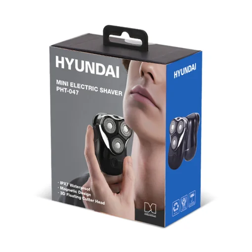 Cod. 1043 Afeitadora portátil Hyundai PHT-047 BK / 2W / 3D / Bat. 600 mAh / USB-C / Carga 1.5H / 8000 RPM / resistente al agua (IPX7)