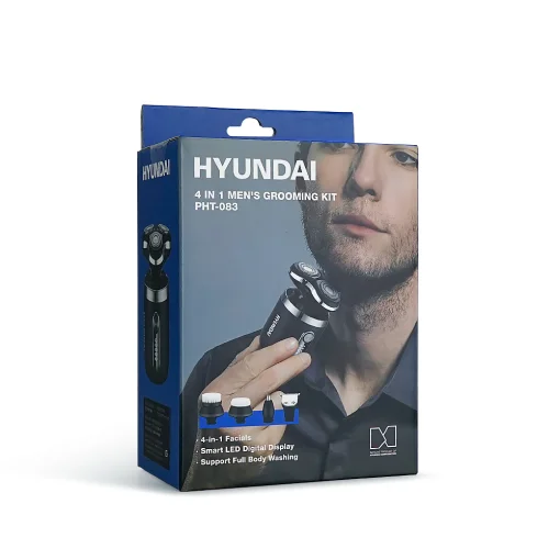Cod. 1046 Kit Afeitadora Hyundai PHT-083 4en1 / 5W / Bat. 600 mAh / 8500 RPM / resistente al agua (IPX6) / Incl. (1*cabezal recortador vello nasal, 1*recortador vello, 1*cepillo limpieza facial, 1*cabezal masaje)