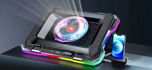 Cod. 470 Base de Enfriamiento P/Laptop MARVO Atlas 43 RGB (10 modos) / hasta 19&quot; / velocidades ajustables (300-2200 RPM) 89CFM, pantalla LED / 7 niveles ángulos / 2*P/USB /  Soporte P/Celular