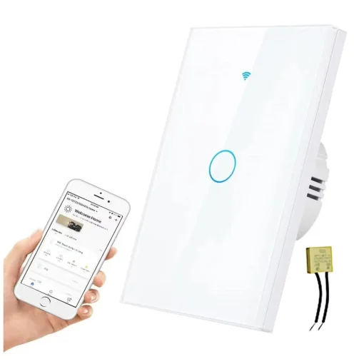 Cod. 888 Interruptor de pared Smart WIFI WHC05 WH / 1 botón táctil / No requiere Neutro / Control por APP / compatible con Alexa, Google Home / Dim.: 120*72*7mm / blanco