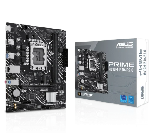 Cod. 144 Mainboard ASUS Prime H610M-F D4 R2.0 / 14va., 13va. y 12va. Gen. / LGA 1700 / micro-ATX / 2*DDR4 3200MHz / 1*M.2, 2*Sata / HDMI / USB-A 5 Gbps / PCIe 4.0 x16 / Realtek GbE LAN