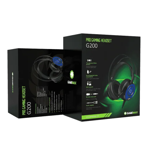 Cod. 112 Headphone Gaming Pro GAMEMAX HG200 / Luces LED 7 colores de efecto respiración / Mic. diseño corto / 2*3.5mm + adaptador a 1*jack, USB(LuzLED) / Cable 2.3 m