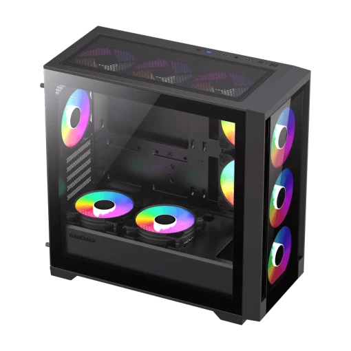 Cod. 316 Case GAMEMAX Defender TG BK/ lateral y frontal vidrios templados / 1*USB3.0 + 2*USB2.0 / Audio HD Compatible: GPU Serie RTX-40xx y enfriador CPU líquido 360 / Incluye: 4*ventiladores 12mm. ARGB