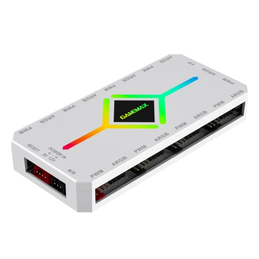 Cod. 474 HUB Controlador GAMEMAX 3en1 V4.0 PWM ARGB HUB / control remoto / Diseño magnético / Sync AURA, MSI Gigabyte, AsRock 5v 3 Pin, / 9 puertos PWM + ARGB