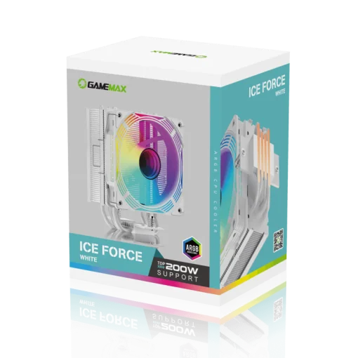 Cod. 163 Air cooler CPU GAMEMAX Ice Force WH ARGB / 4*tubos térmicos / TDP 200W  / Compatible: Intel Intel LGA1851/1700/115X/1366 y AMD AM5/AM4 / AURA SYNC 3 pines (M/F), PWM 4 pines
