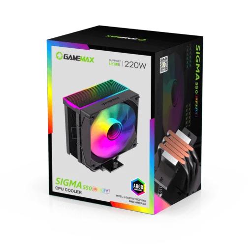 Cod. B:159 Air cooler CPU GAMEMAX Sigma 550 Infinity BK&nbsp;/ 5*tubos t&eacute;rmicos / TDP 220W / efecto de luz de espacio infinito&nbsp;/ Compatible: Intel Intel LGA1700/115X/1366 y AMD AM5/AM4 / AURA SYNC&nbsp;3 pines (M/F), PWM 4 pines