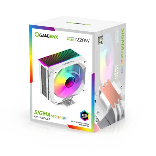 Cod. 154  Air cooler CPU GAMEMAX Sigma 550 Infinity WH / 5*tubos térmicos / TDP 220W / efecto de luz de espacio infinito / Compatible: Intel Intel LGA1851/1700/115X/1366 y AMD AM5/AM4 / AURA SYNC 3 pines (M/F), PWM 4 pines