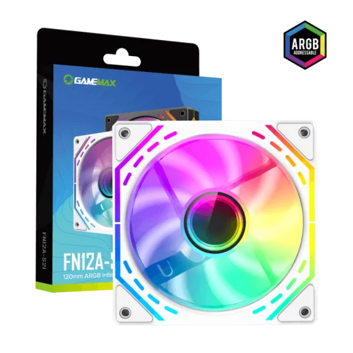 Cod. 376 Kit GAMEMAX Case Infinity White / lateral y frontal vidrio templado / doble c&aacute;mara / USB Tipo-C + USB 3.0, HD audio / sin fuente / Blanco / Incluye P/Armar 4*fans ARGB 120mm + Controlador RGB AURA Sync + CR