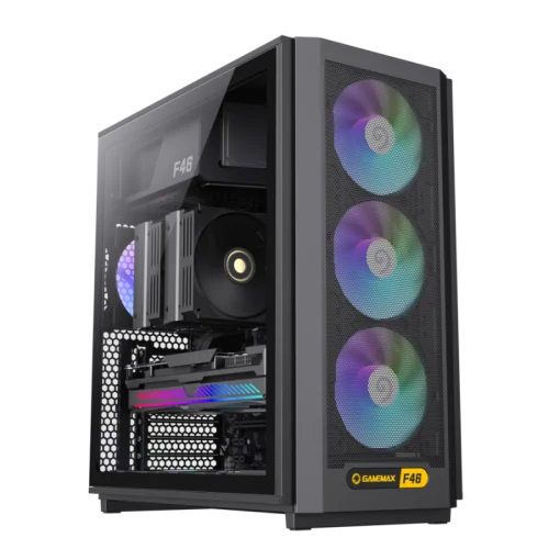 Cod. 356 Case GAMEMAX F46 BK / ATX&nbsp;/ 1*USB-C, 2*USB3.0 / frontal Mesh Optimizado P/Flujo de Aire y lat. vidrio templado&nbsp;/ admite refri. l&iacute;quida 360&deg; &amp; VGA 350mm / M&oacute;dulo I/O intercambiables / Incluye 4*Fans ARGB 120mm