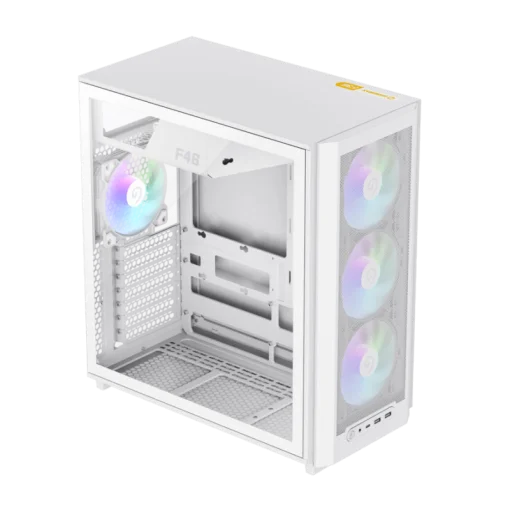Cod. 357 Case GAMEMAX F46 WH / ATX&nbsp;/ 1*USB-C, 2*USB3.0 / frontal Mesh Optimizado P/Flujo de Aire y lat. vidrio templado&nbsp;/ admite refri. l&iacute;quida 360&deg; &amp; VGA 350mm / M&oacute;dulo I/O intercambiables / Incluye 4*Fans ARGB 120mm