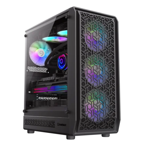 Cod. 324 Case GAMEMAX FORGE MB / lateral vidrio templado y frontal diseño parrilla ABS / 1*USB3.0 + 1*USB2.0 + 1*Tipo-C / Audio HD / Incluye: 4*ventiladores ARGB 120mm