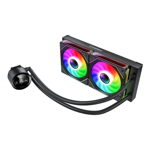Cod. 167 Enfriamiento Líquido GAMEMAX ICEBURG 240 Digital BK / FAN 2*120MM PWM / TDP 245W / Pantalla digital de temperatura / Sincronización ARGB AURA Sync / Compatible Intel LGA1700 y AMD AM5